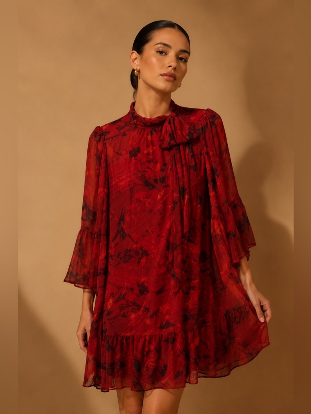 Calvin Klein Chiffon Red Floral Mock Tie Neck Dress Bell Flare Sleeve Size 8 NWT